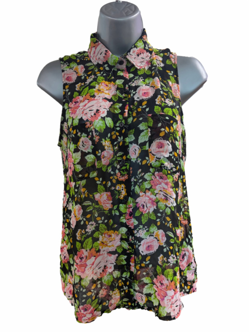 1. Women's Forever 21 Sleeveless Floral Button Down Shirt, Size S, Black/Pink